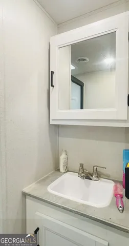 a bathroom with a sink and a mirror