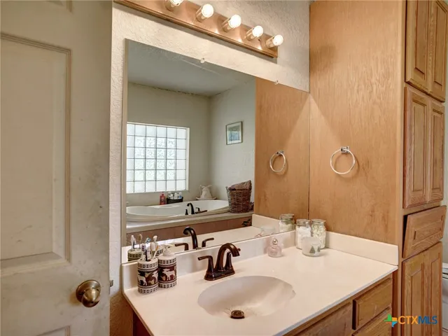 a bathroom with a sink and a mirror