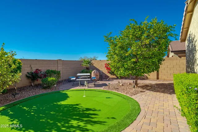 a view of a swimming pool with a garden and plants