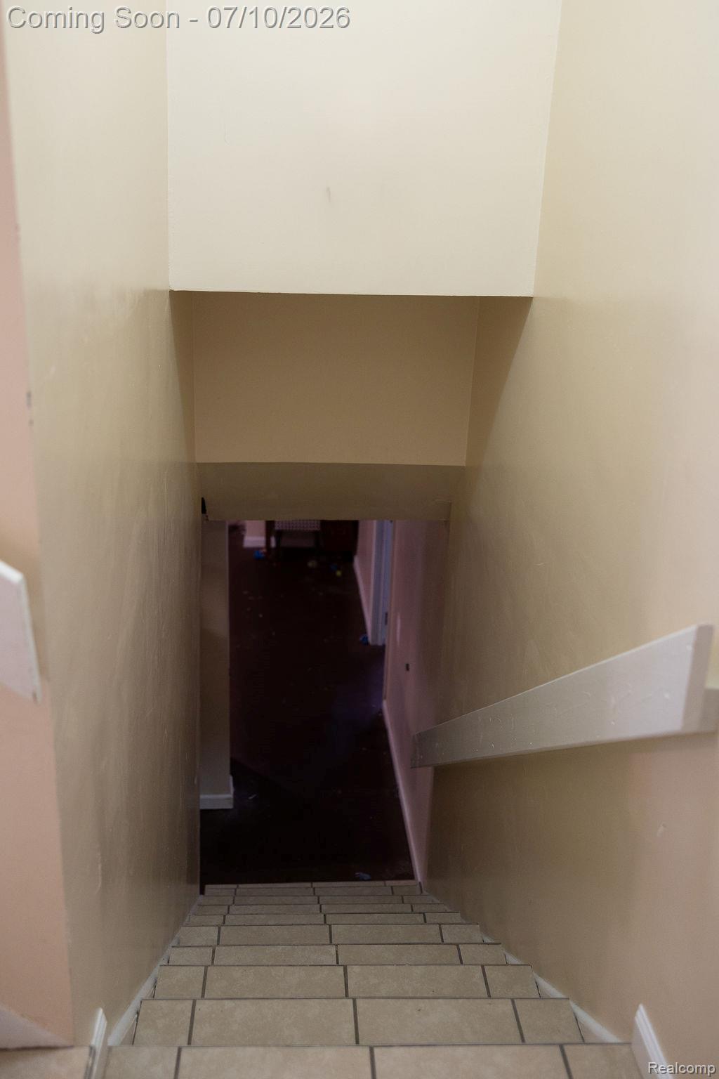 5052 Beecher Road Flint, MI 48532 - Photo 19 of 28 Tiled staircase with neutral-toned walls, contrasting dark flooring, and a white handrail