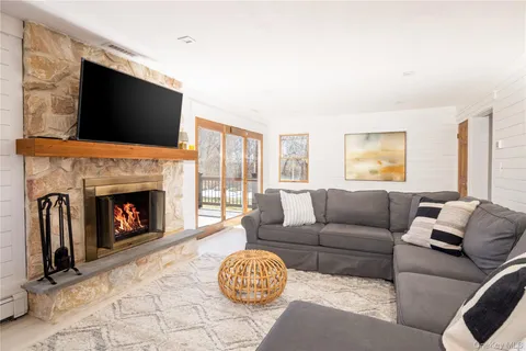 a living room with furniture a flat screen tv and a fireplace