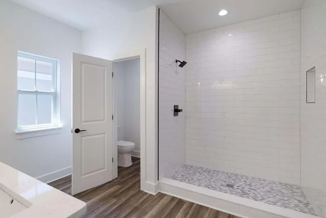 a bathroom with a shower and toilet