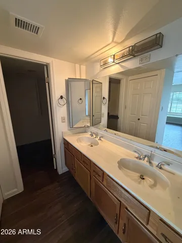 a bathroom with a sink a mirror and a shower