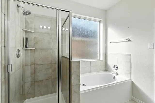 a bathroom with a bathtub and a shower