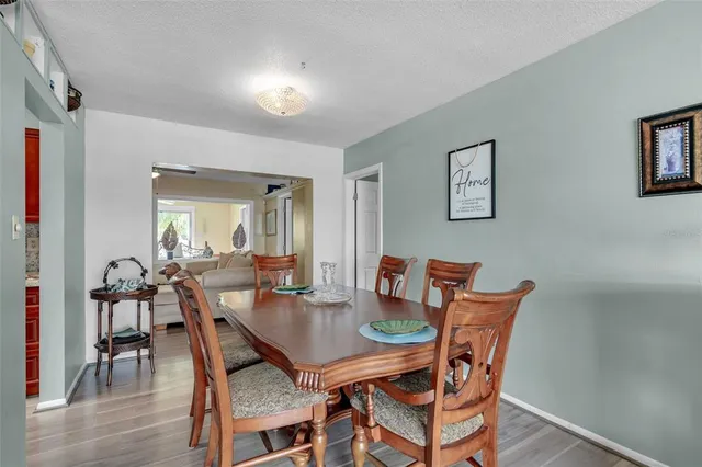 a view of a dining room with furniture