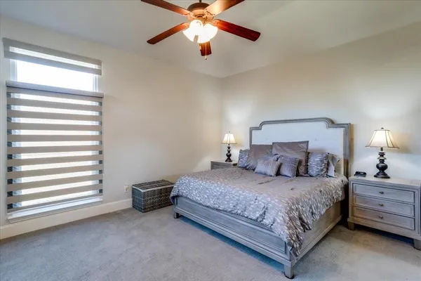 a bedroom with a bed and a chandelier fan