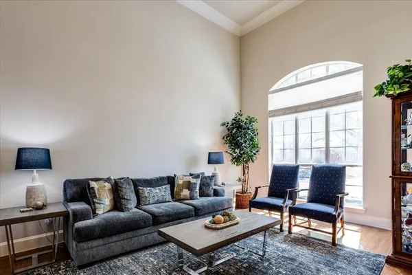 a living room with furniture potted plant a window and a flat screen tv