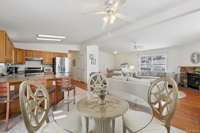 a view of a dining room with furniture