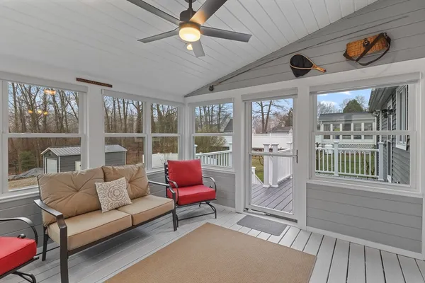 a view of a wooden roof deck