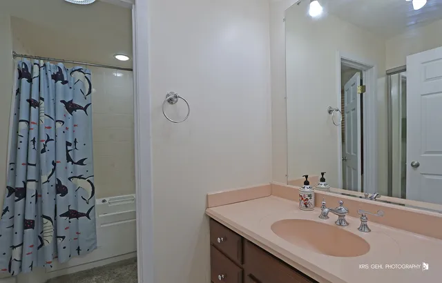 a bathroom with a sink and a mirror