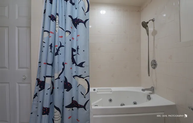 a bathroom with a bathtub and shower