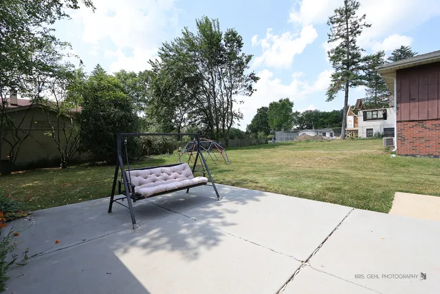 a view of a park with large trees