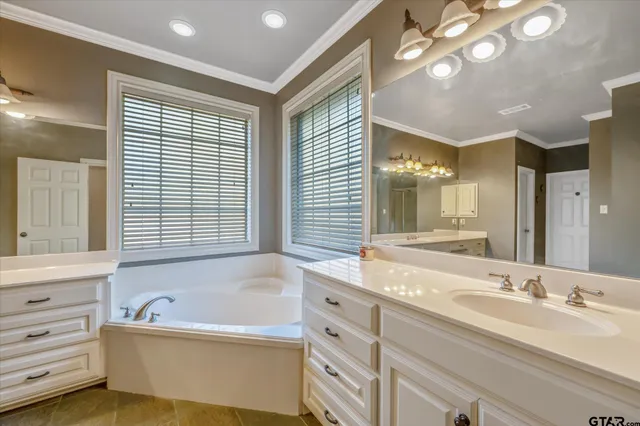 a bathroom with a tub sink and mirror