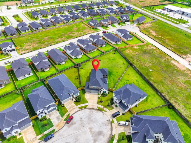 an aerial view of a swimming pool