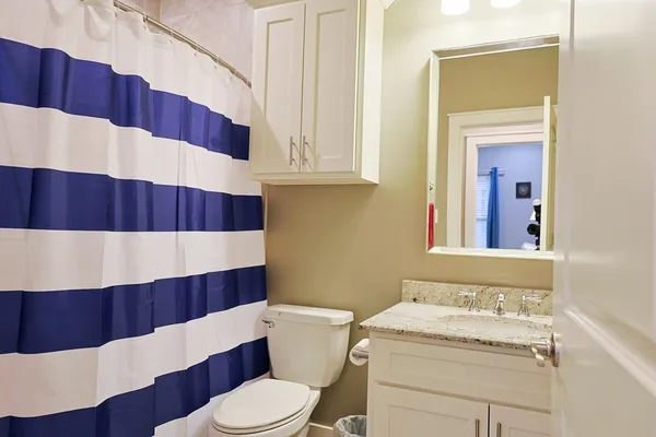 a bathroom with a sink a toilet and shower curtain