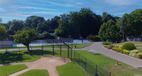 a view of a park with large trees