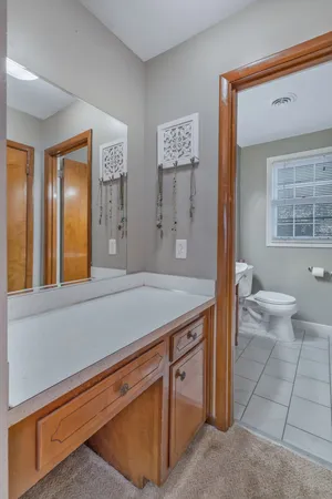 a bathroom with a granite countertop sink a mirror and shower