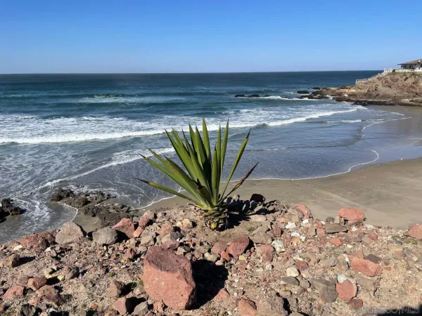 a blue and white umbrella sitting in the ocean