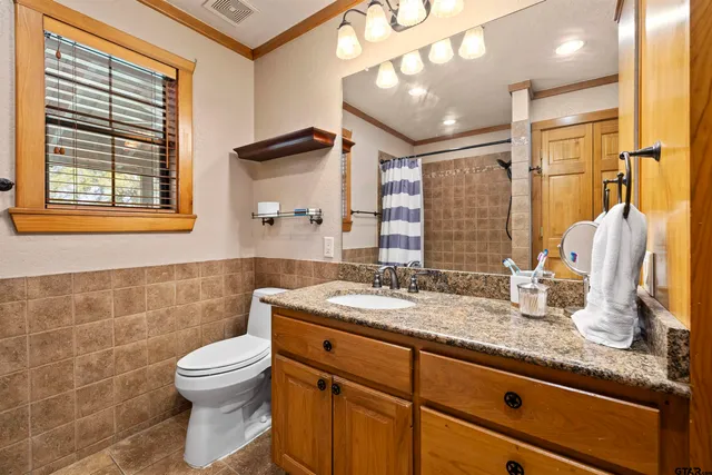a bathroom with a granite countertop sink a mirror and a toilet