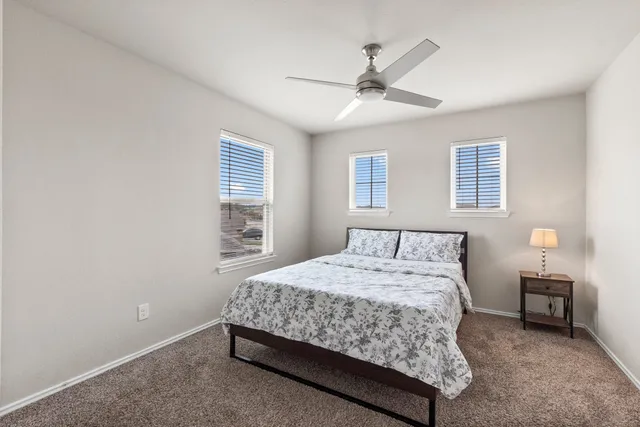 a bedroom with a bed and a chandelier fan