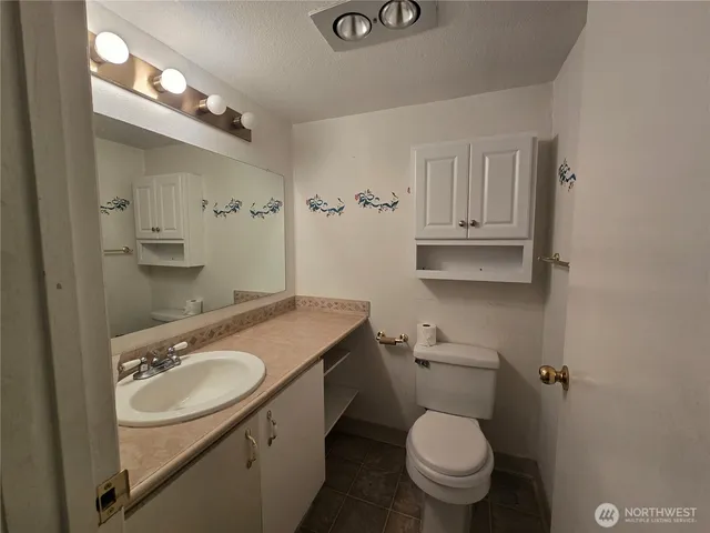 a bathroom with a granite countertop sink toilet and a mirror