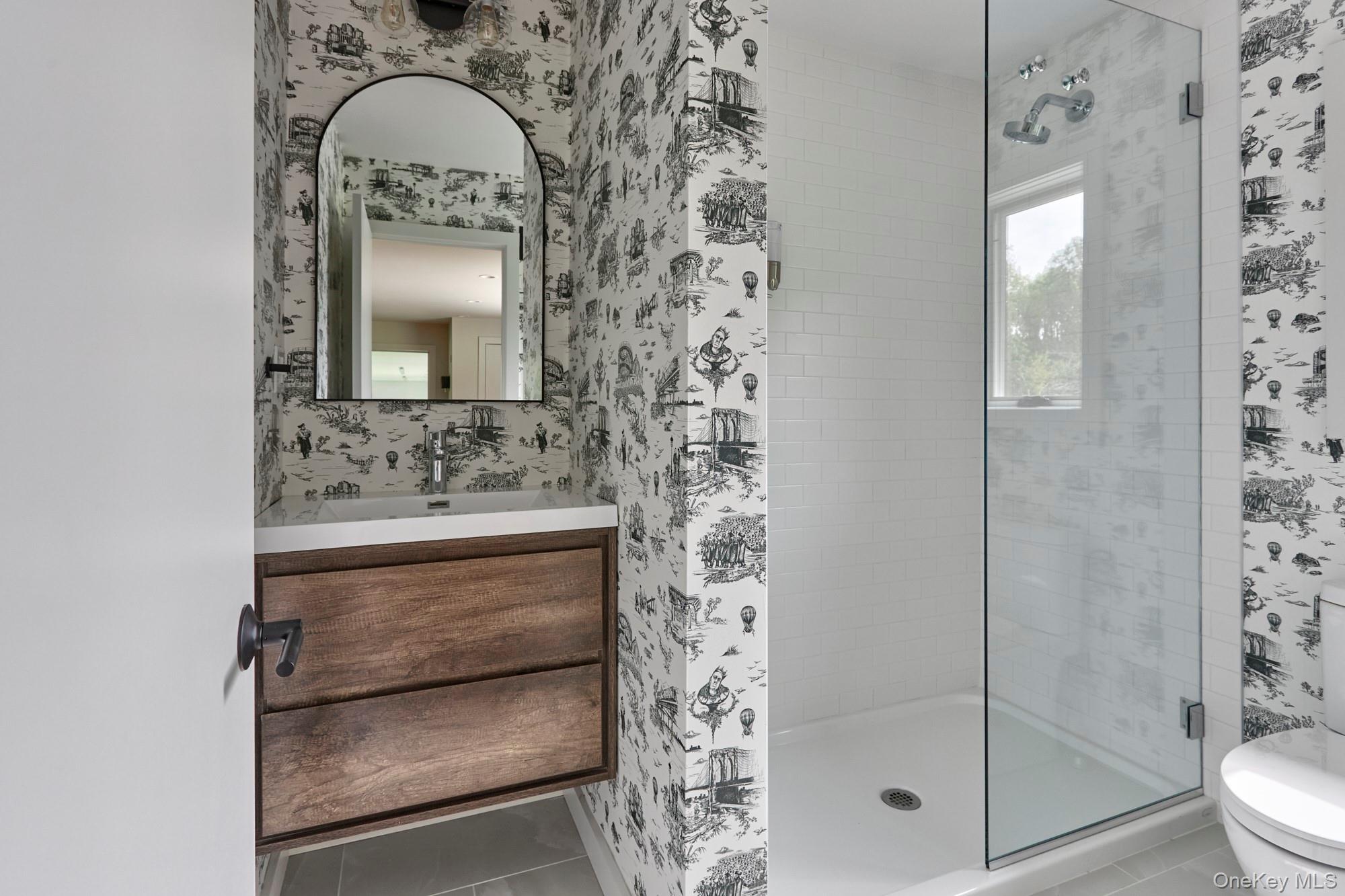 107 Cold Spring Road Stanfordville, NY 12581 - Photo 29 of 36 a bathroom with a granite countertop sink a mirror and shower