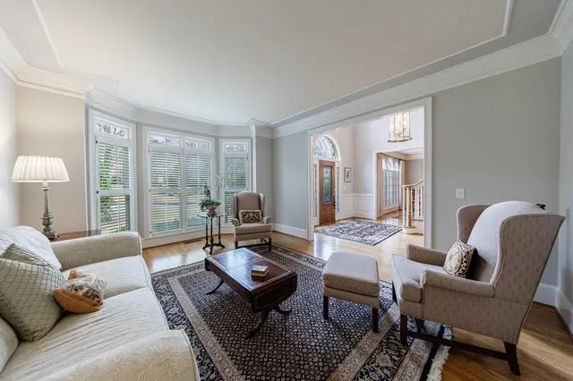 a view of a dining room with furniture