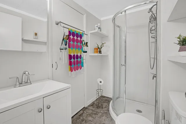 a bathroom with a shower toilet and sink