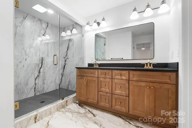 a bathroom with a sink a mirror and a shower