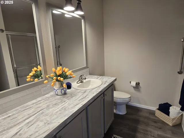 a bathroom with a granite countertop sink a toilet and a mirror