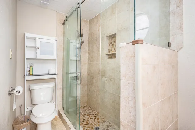 a bathroom with a shower a toilet and a sink