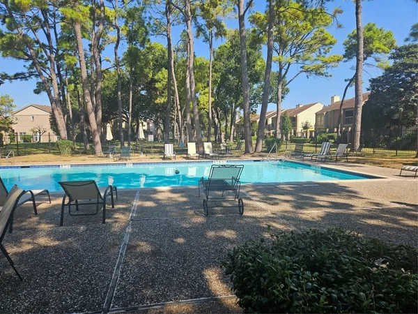 a view of a swimming pool with lawn chairs and plants