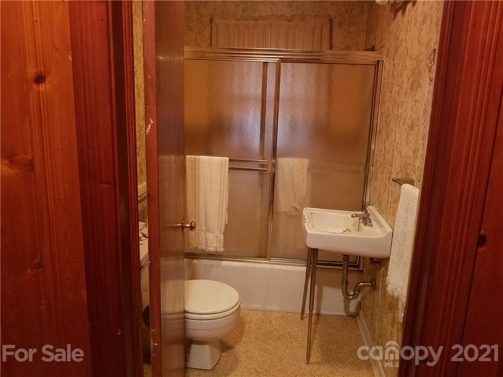 1118 Camp Branch Road Waynesville, NC 28786 - Photo 22 of 30 a bathroom with a sink a toilet and shower curtain