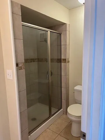 a bathroom with a shower and a toilet