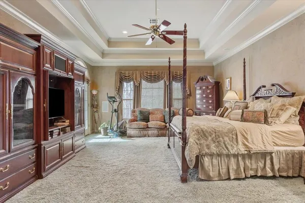 a living room with furniture ceiling fan and a large window