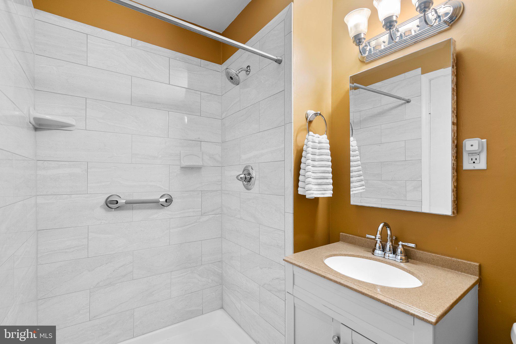 9828 Moyer Road Damascus, MD 20872 - Photo 36 of 46 a bathroom with a sink a mirror and a shower