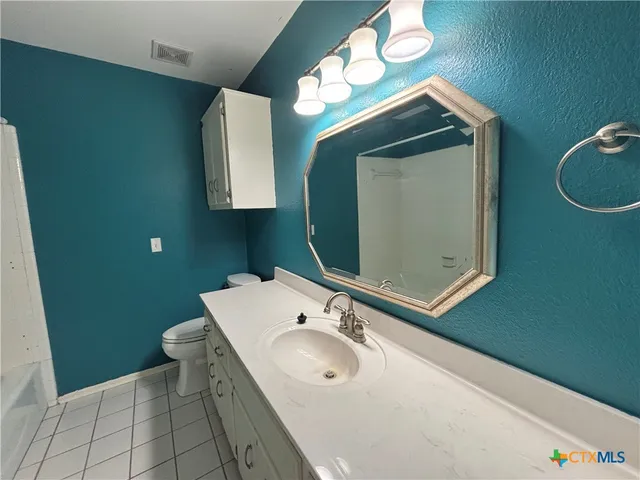 a bathroom with a sink vanity and toilet