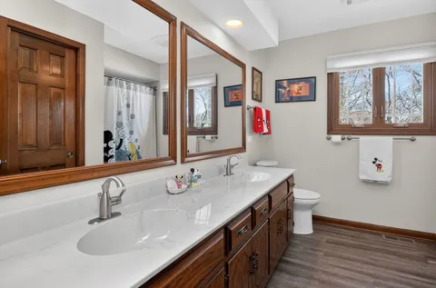 a bathroom with a sink double vanity and a mirror