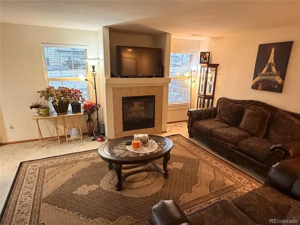 a living room with furniture a flat screen tv and a fireplace