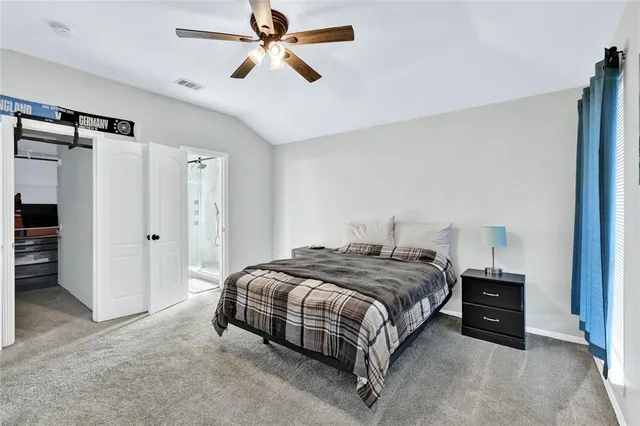 a bedroom with a bed closet and a ceiling fan