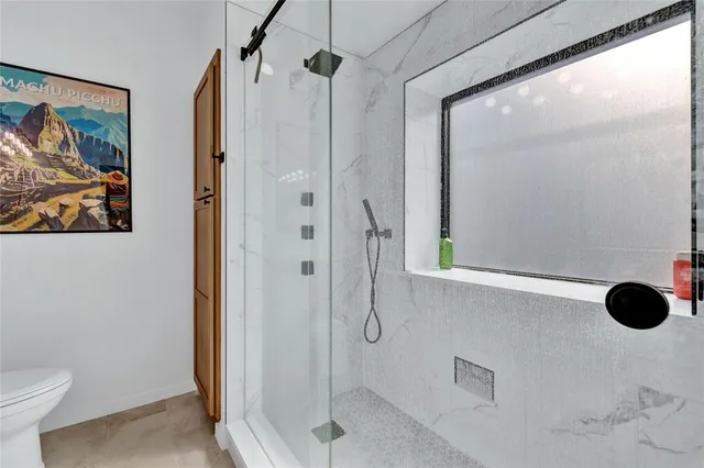 a bathroom with a shower and a toilet