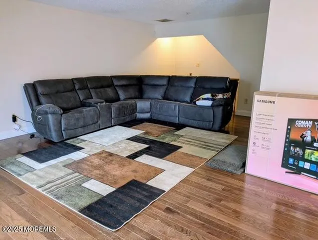 a living room with a couch and a rug