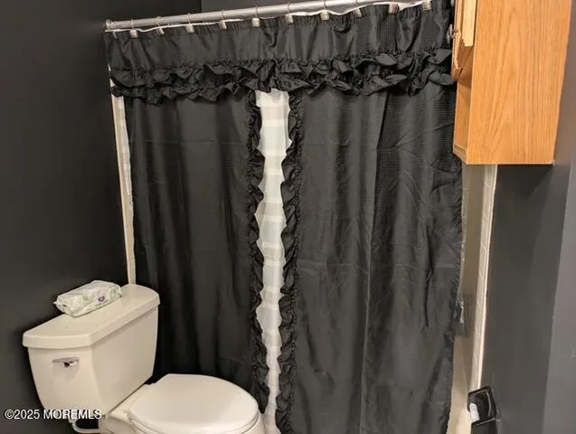 a bathroom with a shower curtain and toilet