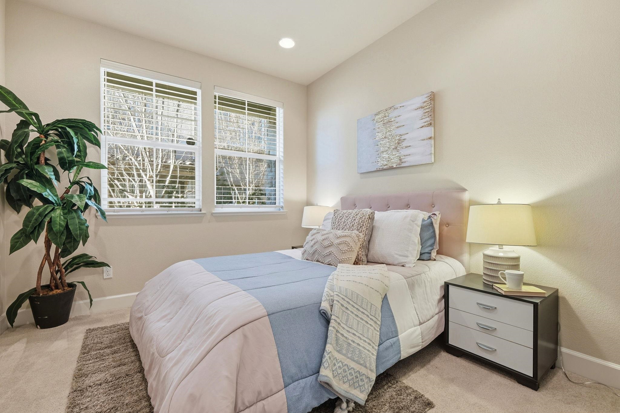 2863 Finca Terrace Fremont, CA 94539 - Photo 15 of 37 a bedroom with a large bed and a potted plant