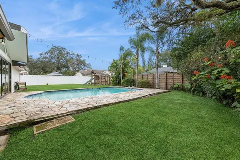 a view of a garden with a slide