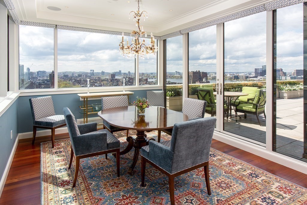 2 Commonwealth Avenue, Unit PH 3/4 Boston, MA 02215 - Photo 17 of 29 a view of a dining room with furniture wooden floor and a chandelier