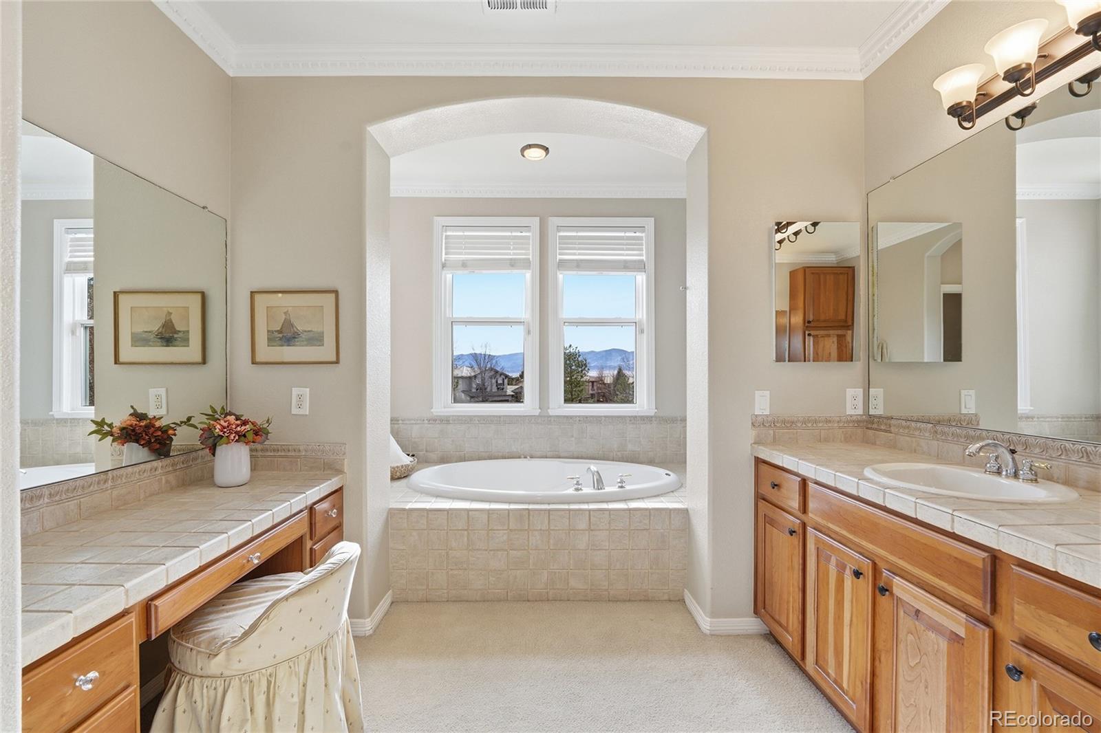 8967 Hunters Way Highlands Ranch, CO 80129 - Photo 29 of 50 a bathroom with a granite countertop tub a sink and a window