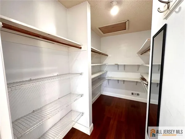 a view of walk in closet with empty racks