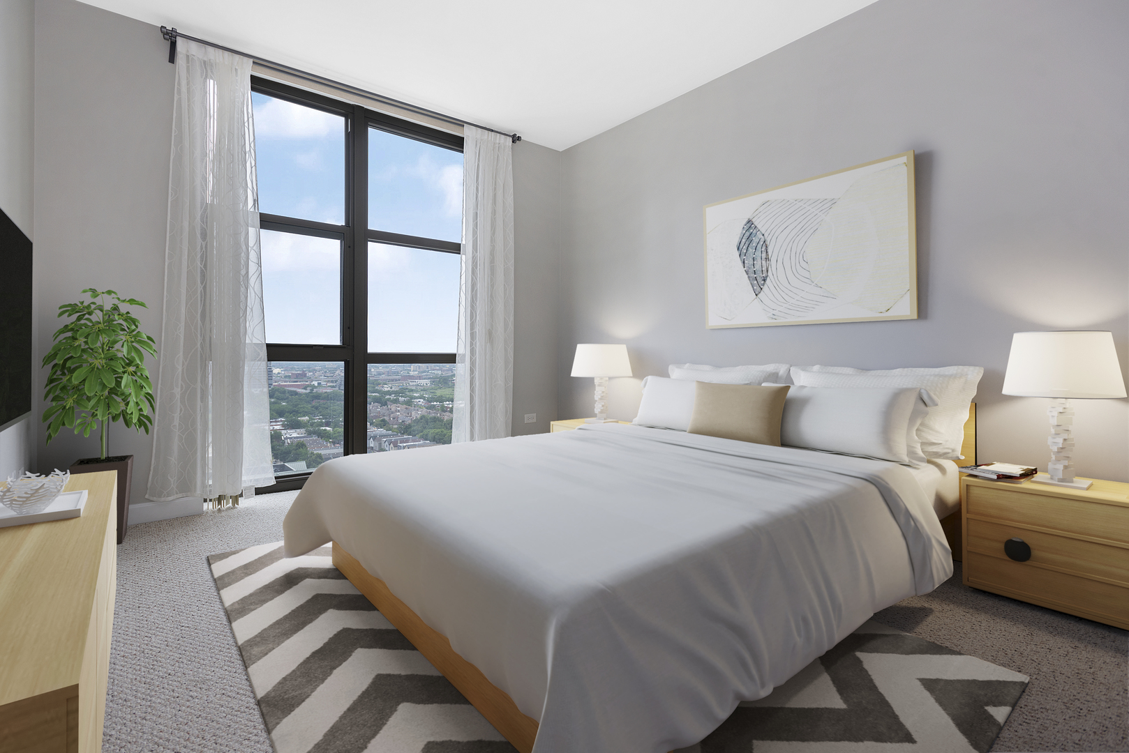 1101 South State Street, Unit 1804 Chicago, IL 60605 - Photo 11 of 29 a bedroom with bed and a large window