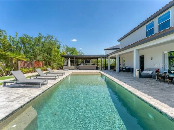 a view of house with yard and swimming pool